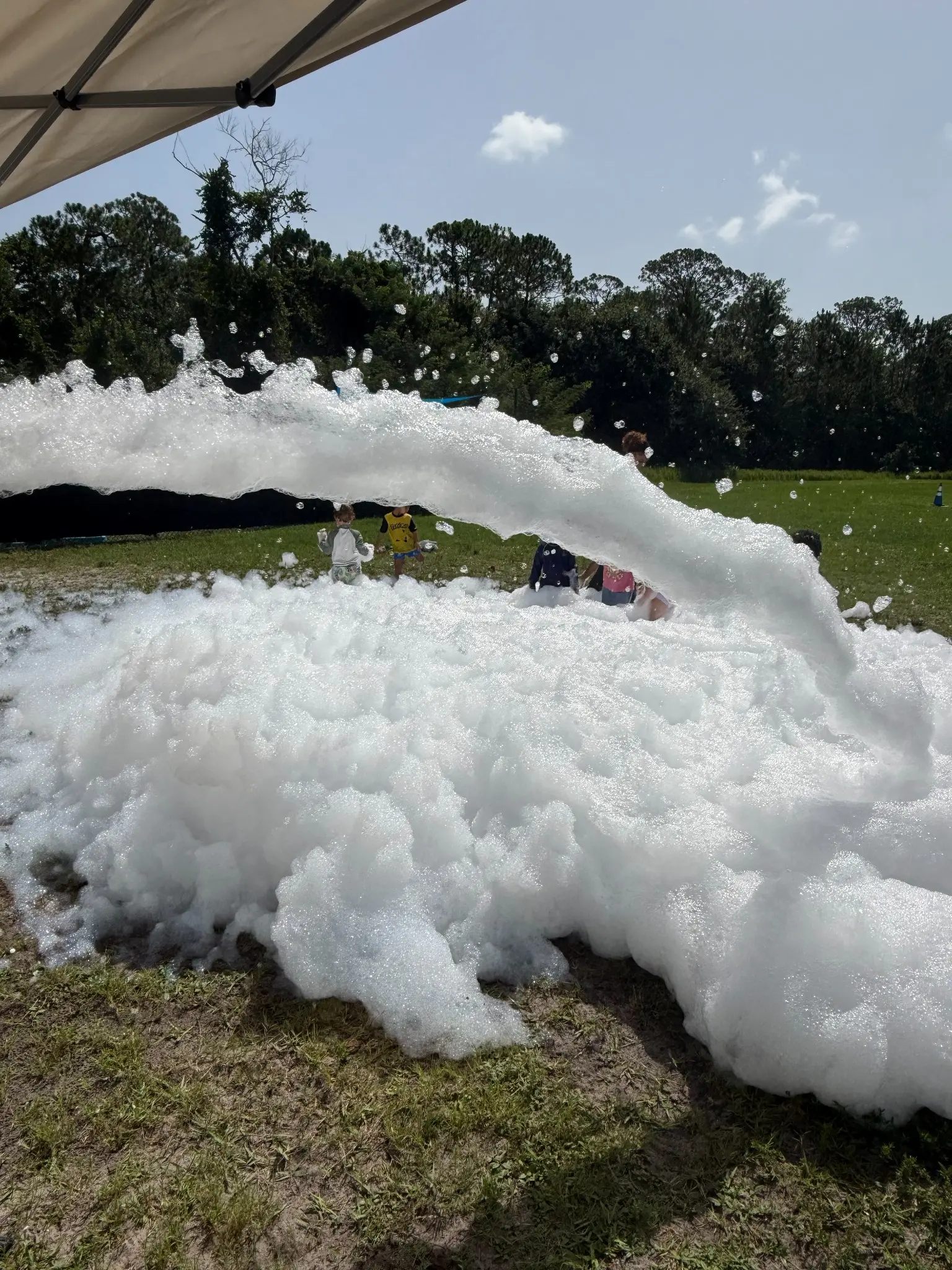A long wave of thick foam arcing across an open grass field